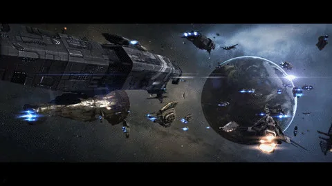 Starships flying near a planet in EVE Online