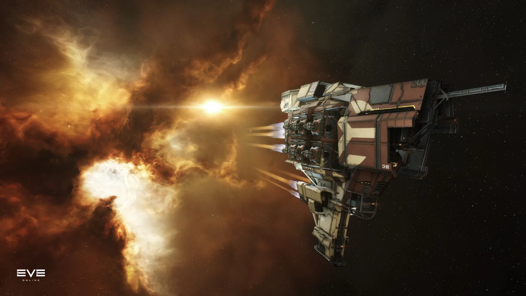An EVE Online spacecraft against a dramatic starfield