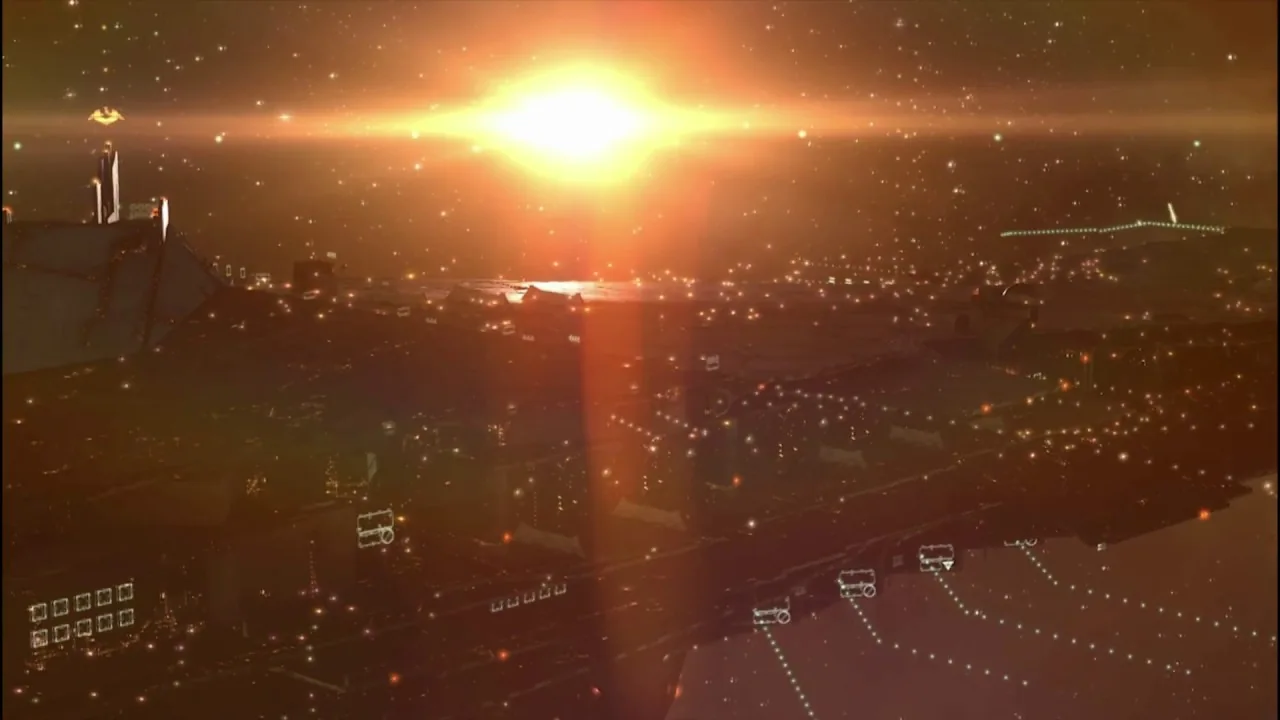 Immense EVE Online station beneath a bright sun