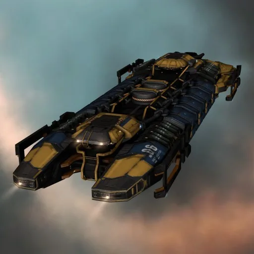 Yellow and black O.R.E. mining vessel in EVE Online